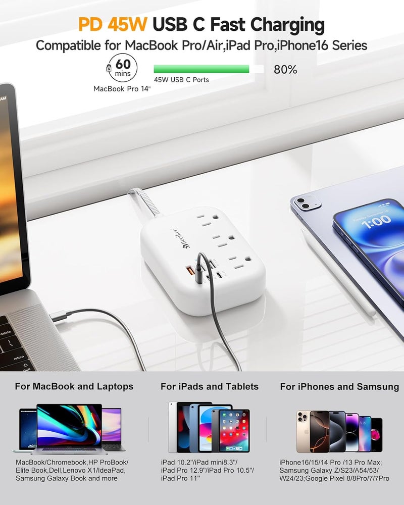 Beeiker PD45W USB C Travel Power Strip, Cruise Power Strip with 6 USB(3 USB C) Ports and 3 Outlets, 5Ft Flat Plug Braided Extension Cord, 45W Fast Charging Station for MacBook Laptops iPad Pro iPhone Samsung - Image 2